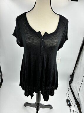 Sonoma Goods For Life Women's Black Henley T-Shirt Rayon Blend Short Sleeve Top